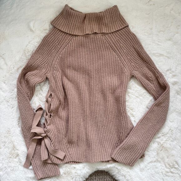 Bebe Chunky Knit Lace-up Sweater XS - Tan / Dark Beige - Picture 3 of 4